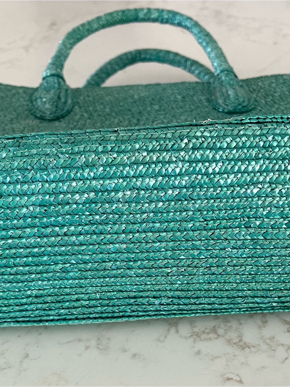 Turquoise Woven Straw Handbag Aqua Natural Straw Purse Zip Top Summer Bag - Picture 4 of 9